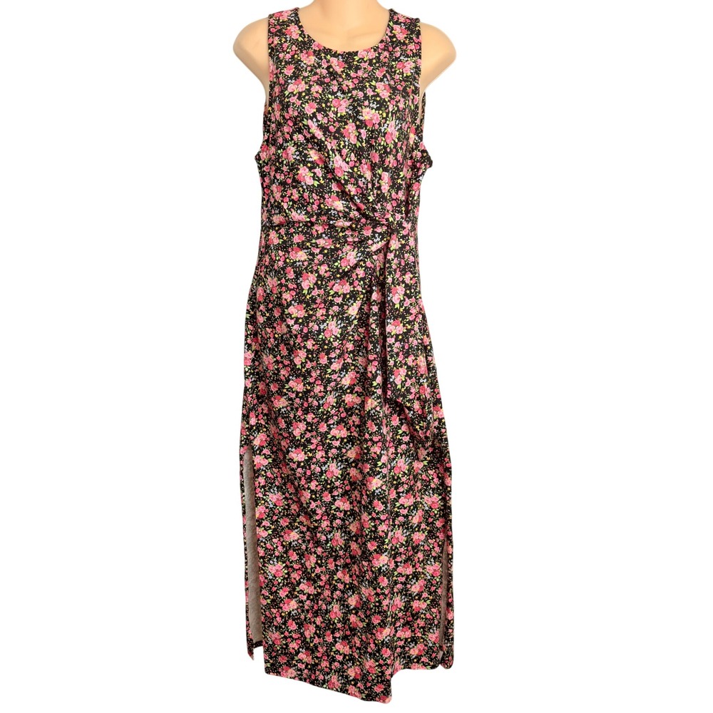 Sezane Rose Clair Floral Tie‎ Waist Maxi Dress XL Black Pink Spring 24 NWT